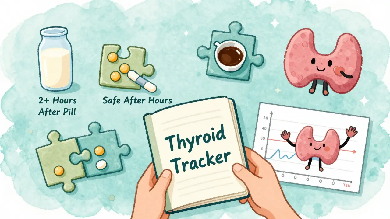 Person tracking thyroid health with icons of interfering foods, showing proper timing separation.