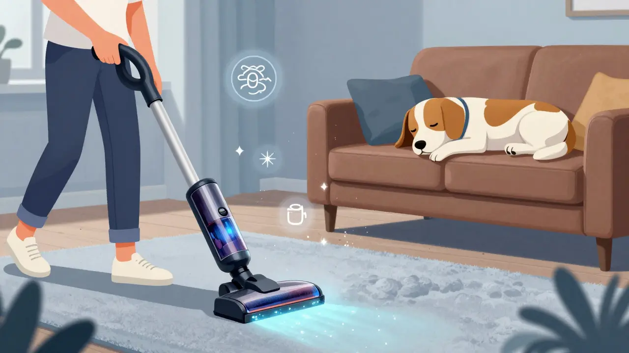 Person vacuuming with HEPA vacuum as dog rests on sofa, glowing dander particles being sucked into the machine.
