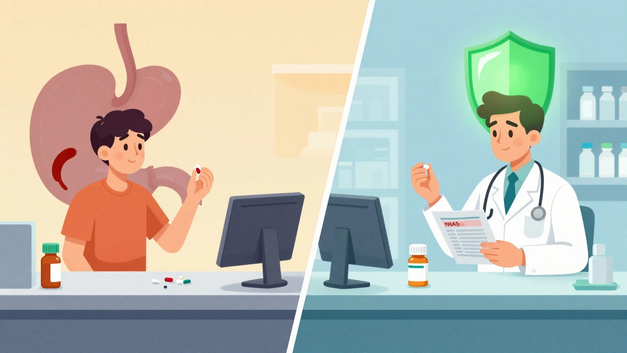 Pharmacy counter split between risky NSAID use and safe alternative with doctor consultation.