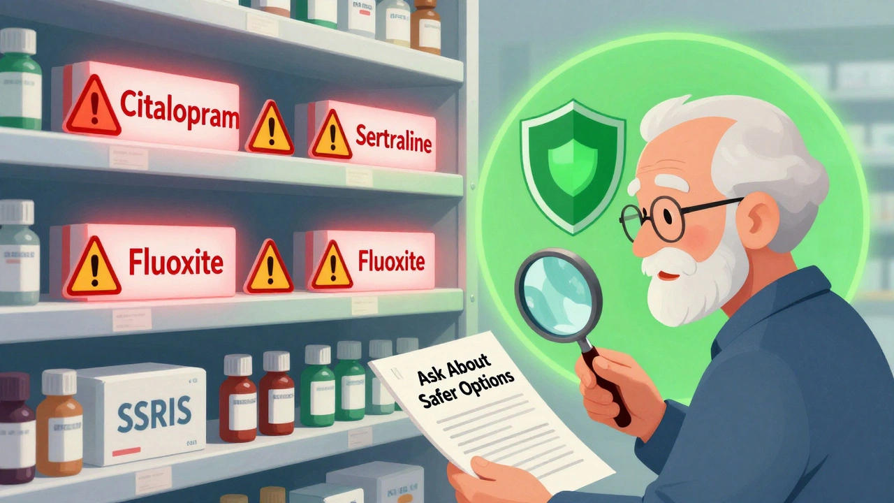 Pharmacy shelf with risky SSRIs in red and safe mirtazapine in green, with a senior seeking safer antidepressant options.
