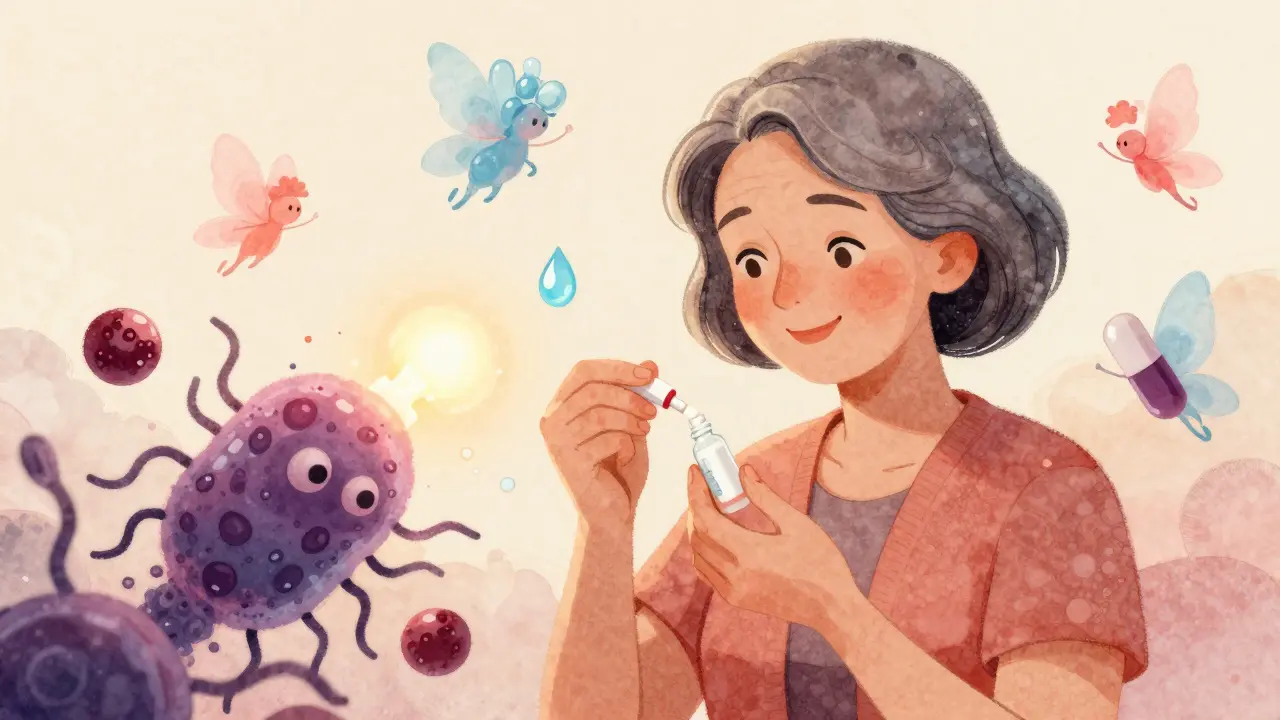 Postmenopausal woman surrounded by D-mannose, cranberry, and probiotic symbols, repelling bacteria in a whimsical medical illustration.