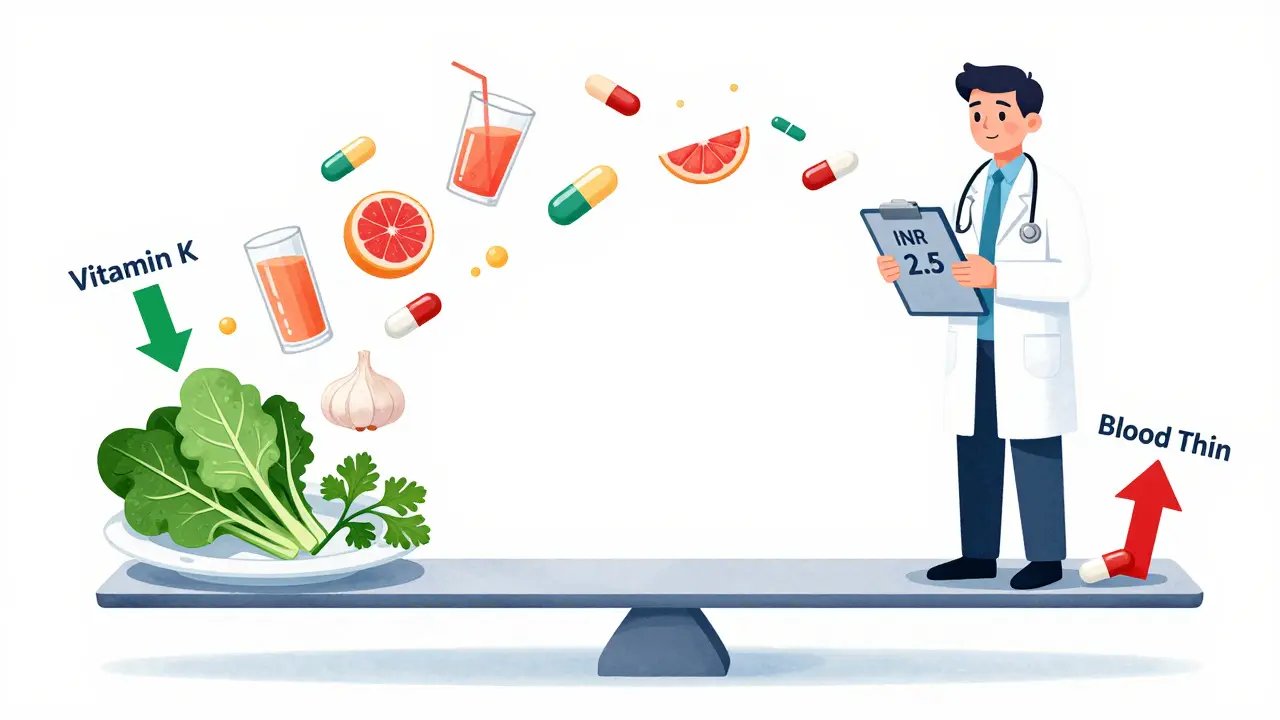 Seesaw balancing vitamin K foods against warfarin pill, with chaotic food items falling off