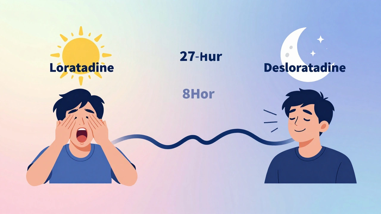 Split-day illustration comparing loratadine&#039;s short relief to desloratadine&#039;s all-day coverage for allergy symptoms.
