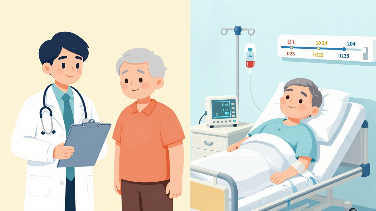 Split illustration: elderly patient before and after SSRI-induced hyponatremia, showing blood test results and hospitalization.