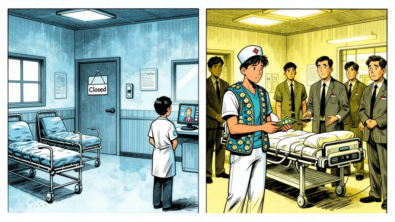 Split scene: a closed rural clinic with a telehealth screen on one side, a crowded urban ER with a high-paid travel nurse on the other.
