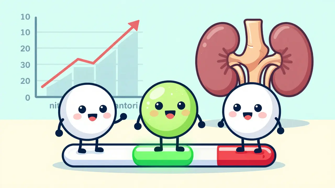 Three antibiotic pills on a urine test strip, with a bladder and kidney diagram showing resistance levels in editorial cartoon style.