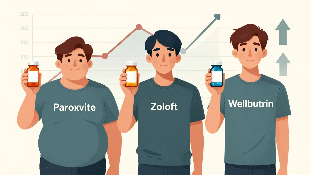 Three people with different antidepressants, visualizing weight gain differences side by side.