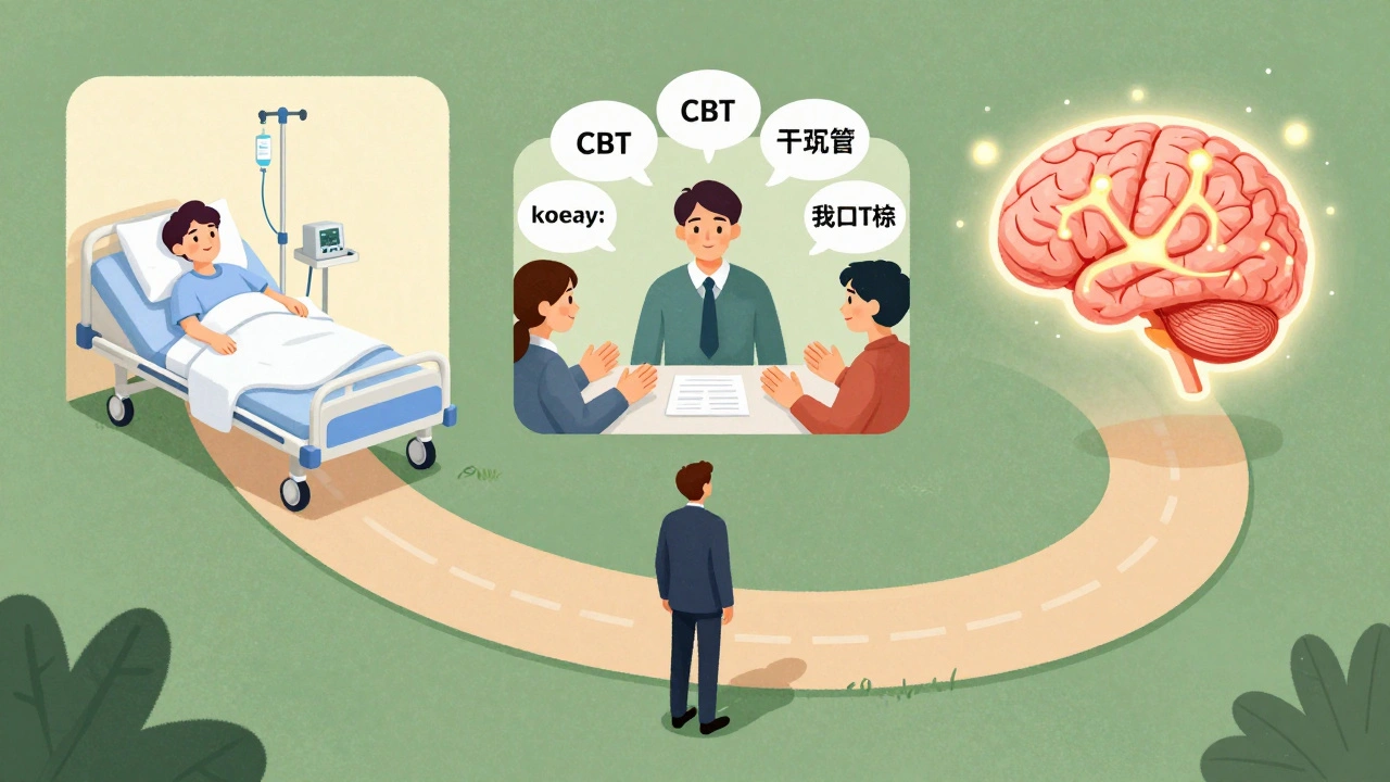 Three recovery paths: detox, therapy, and brain healing, illustrated as interconnected journeys from one individual.