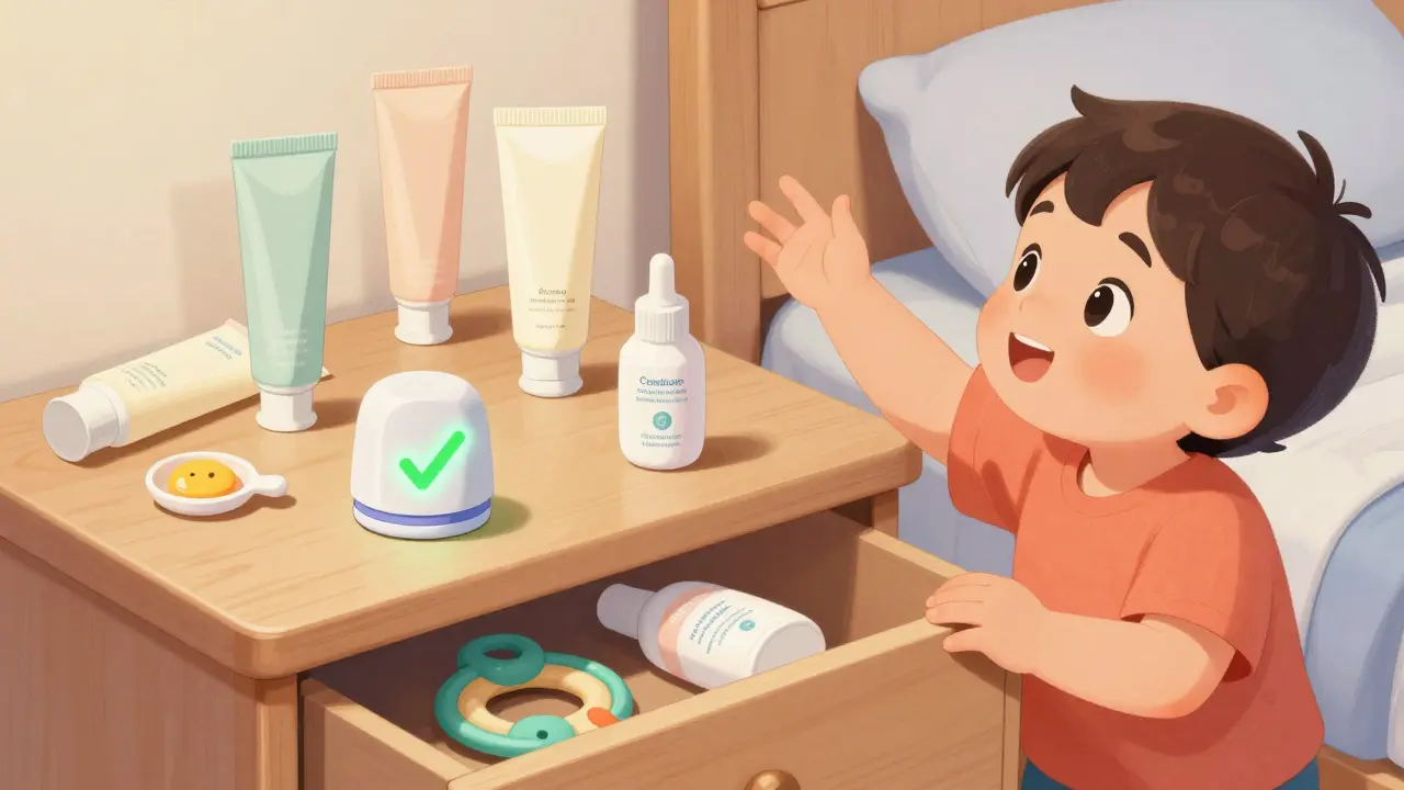 Toddlers reaching for open medicine tubes on nightstand, while safe alternatives are stored securely.