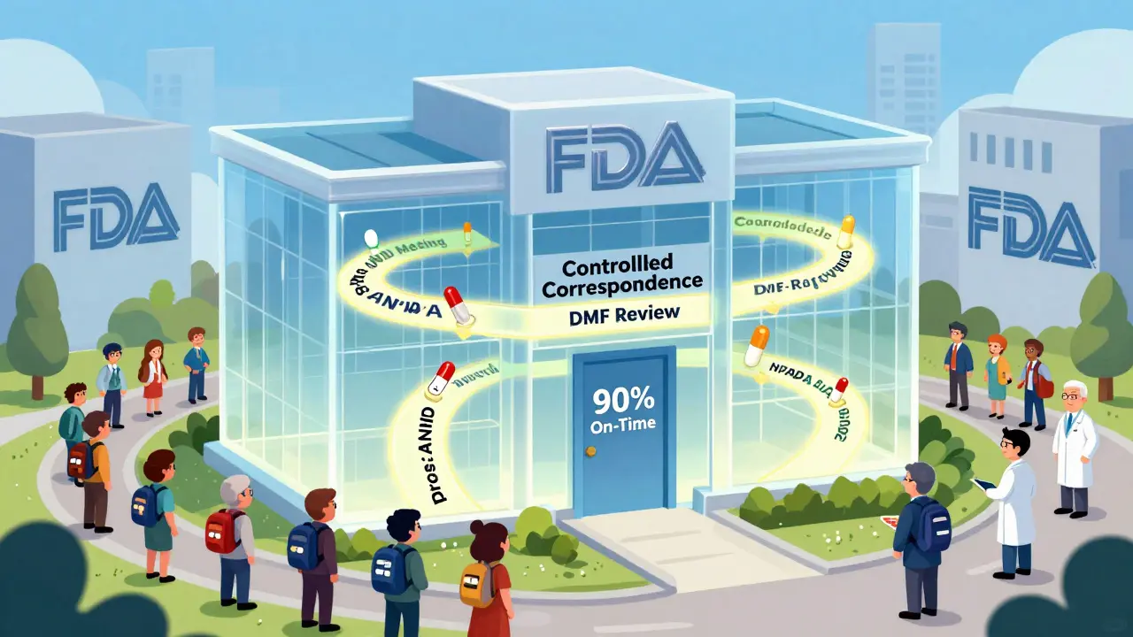 Transparent FDA building with guided pathways helping small drug makers fast-track approvals.