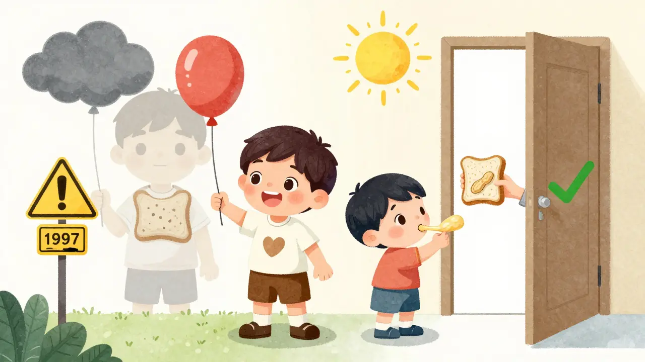 A child celebrates peanut allergy prevention while a shadow of outdated advice fades away.