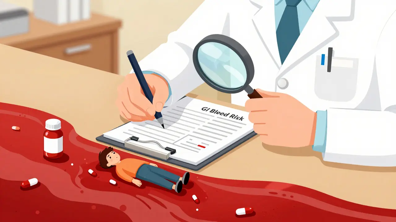 A doctor prescribing medication while a patient is swept away by a river of pills, with acetaminophen floating safely.