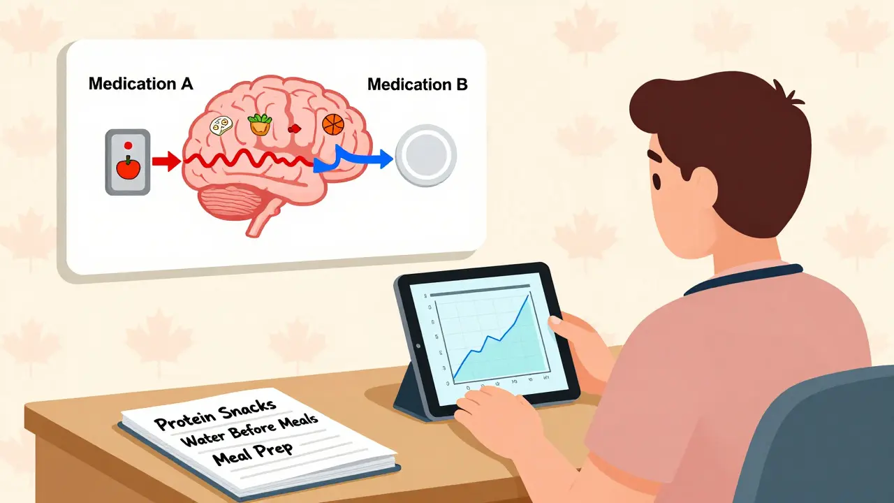 A doctor’s office scene with a brain diagram showing medication switches affecting appetite, and healthy habit notes on a desk.