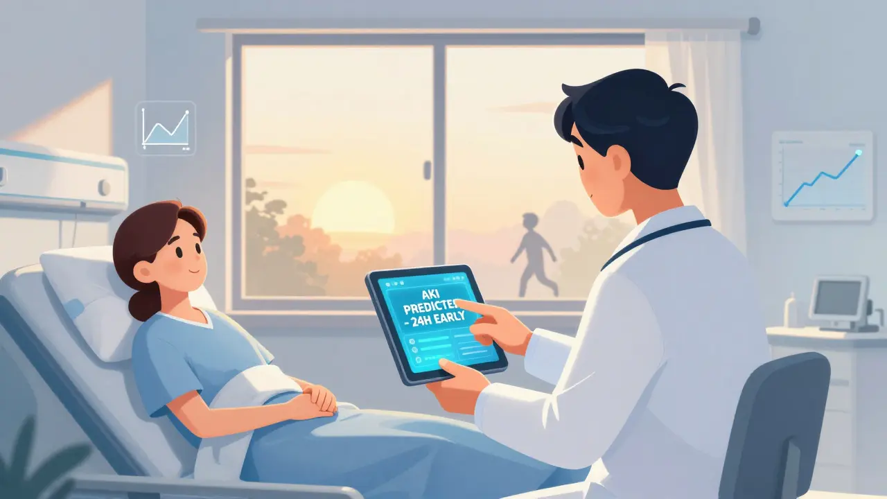 A doctor shows an AI alert predicting kidney injury, while a patient watches sunrise, with health metrics fading in the background.
