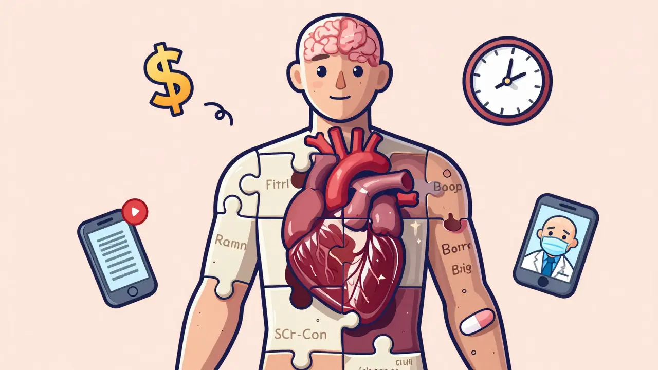 A fragmented human figure is missing medication pieces, revealing damaged organs.