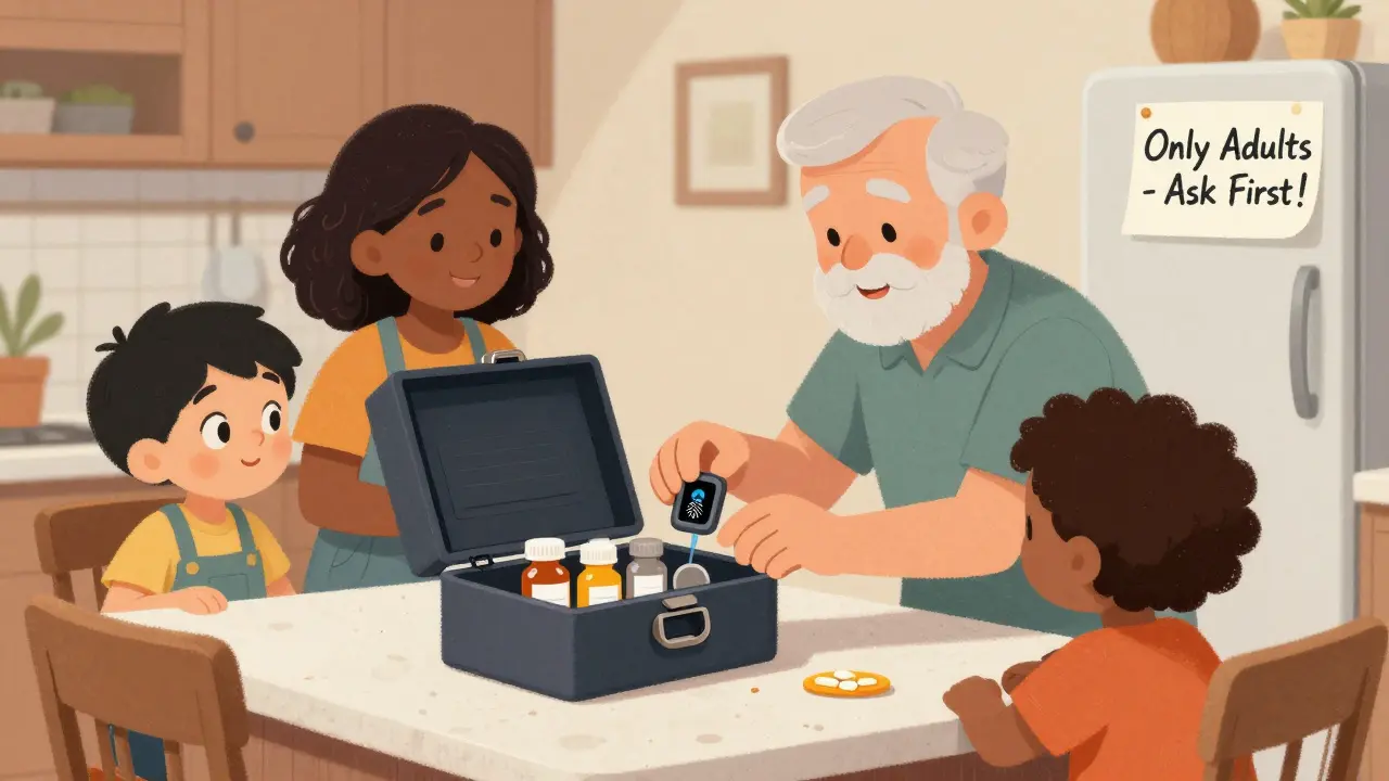 A grandfather opens a biometric lockbox as a child watches, with family and pill labels visible.