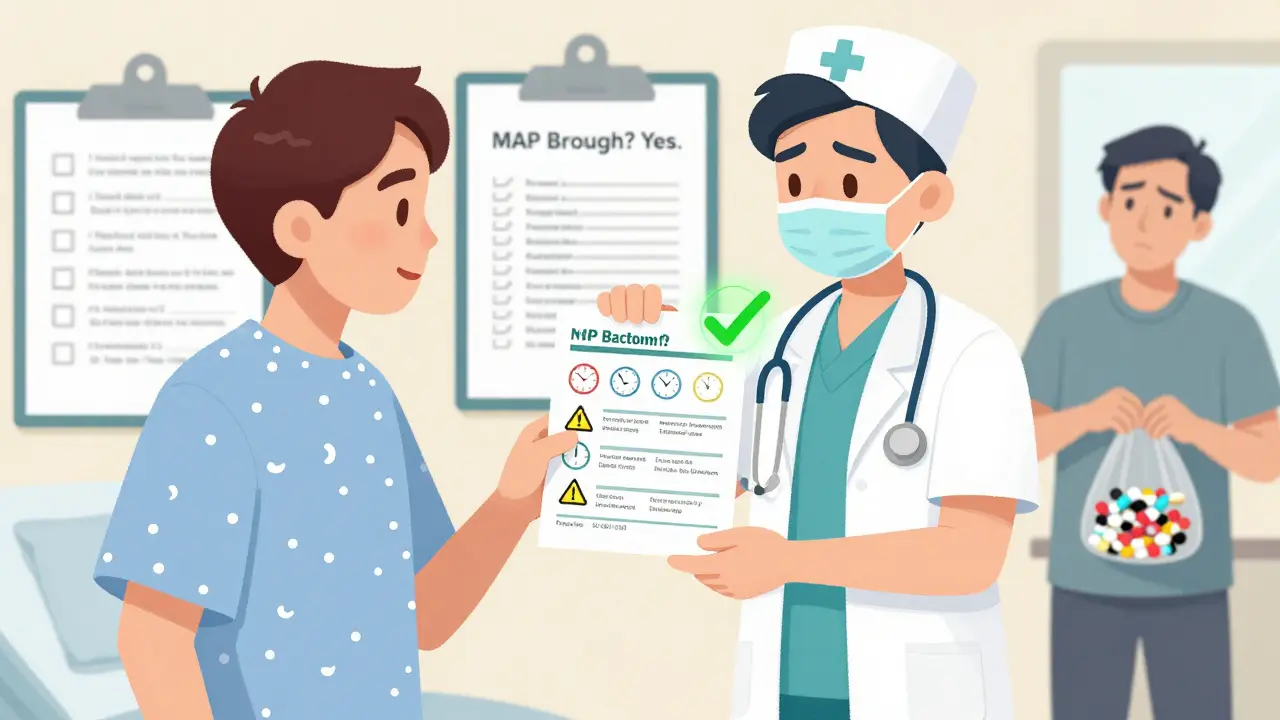 A patient in hospital holds a clear medication action plan while an ER nurse reviews it.