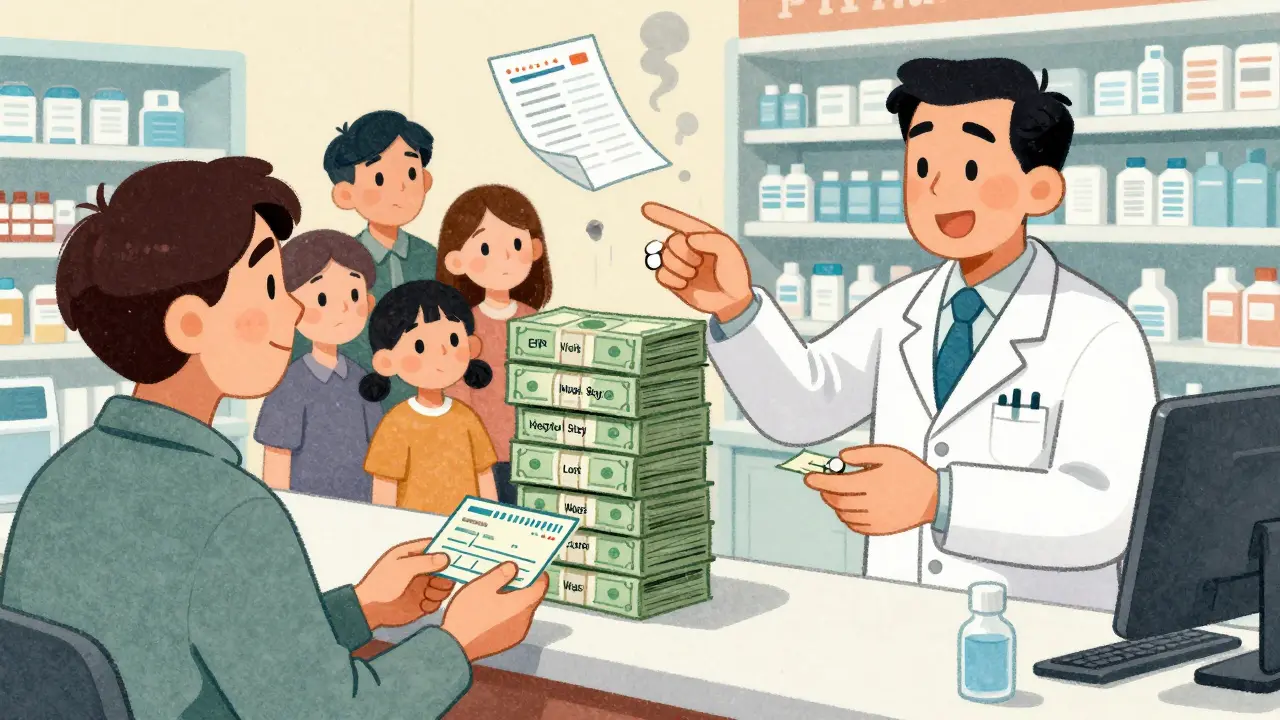 A patient trades their paycheck for a single pill amid rising medical costs.