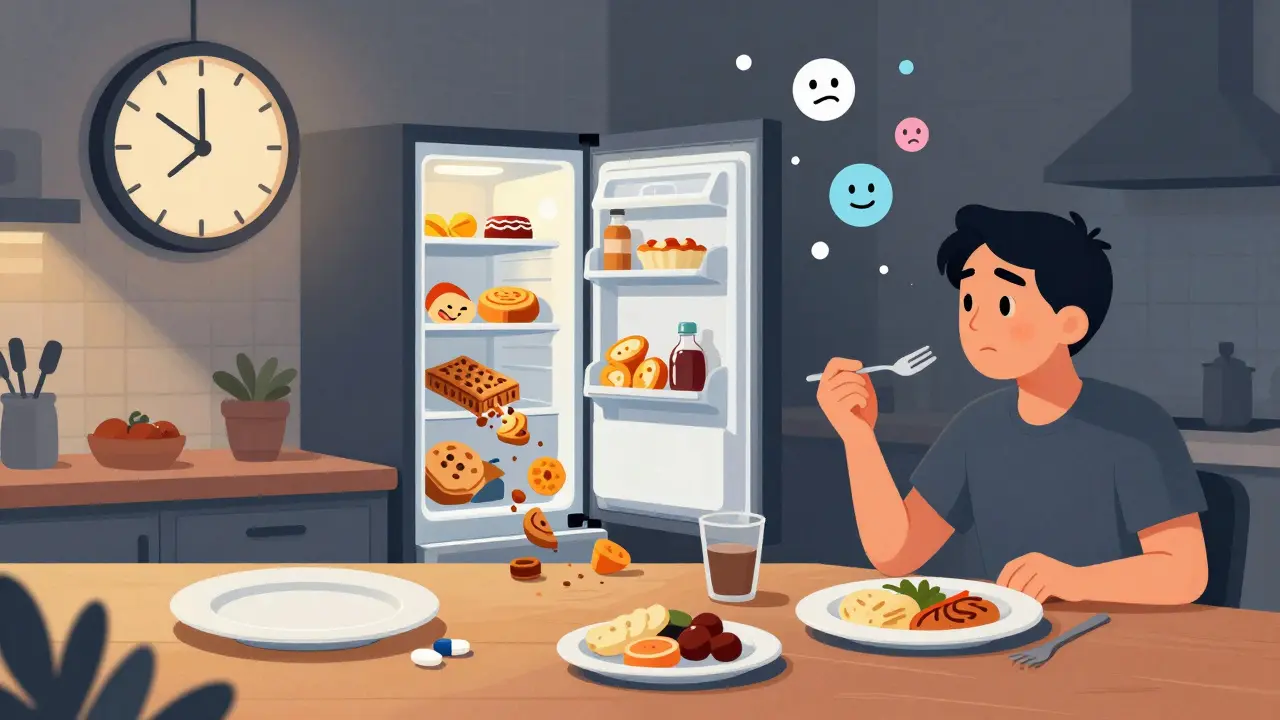 A person in a kitchen at different times of day, showing fluctuating appetite with floating neurotransmitter faces above.