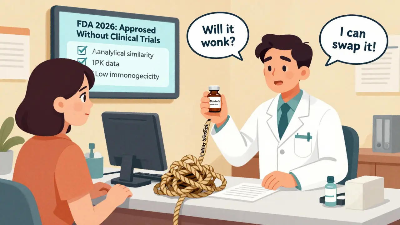 A pharmacist gives a biosimilar to a patient, surrounded by legal ropes and an FDA approval screen.