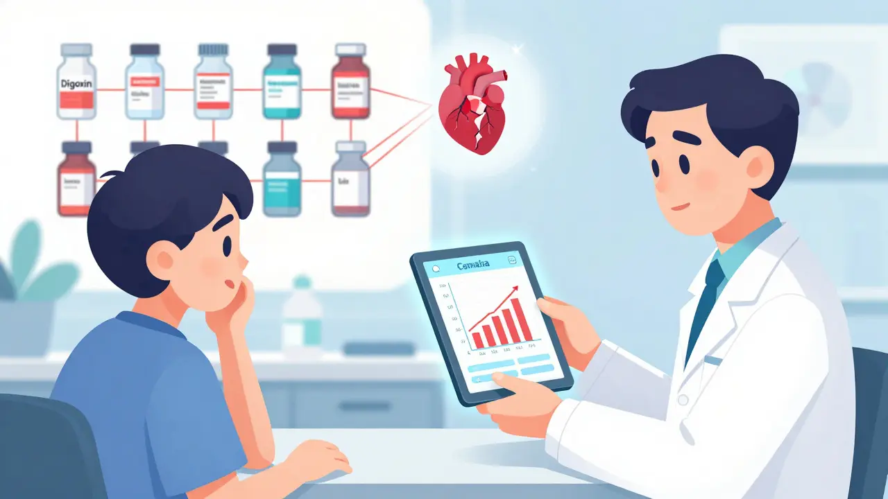 A pharmacist shows a patient a digital tracker for cumulative drug doses, with warning icons floating nearby.