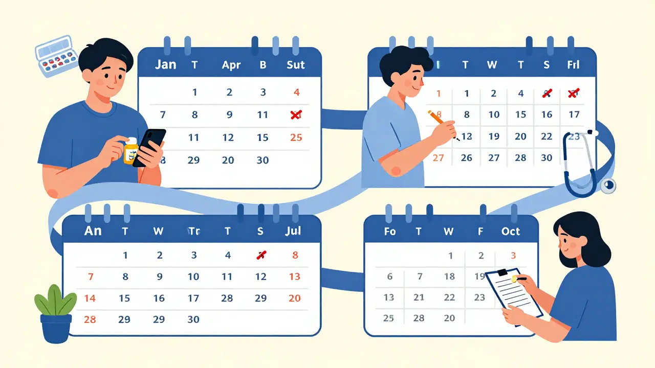 A quarterly calendar shows people updating their medication lists with apps, pencils, and pharmacists.