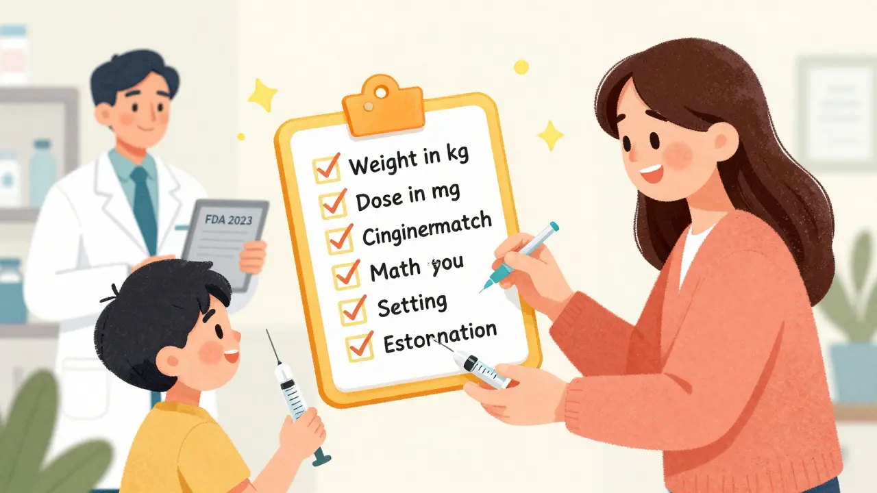 A safety checklist glows as a parent gives correct medication to their child, with pharmacist nearby.