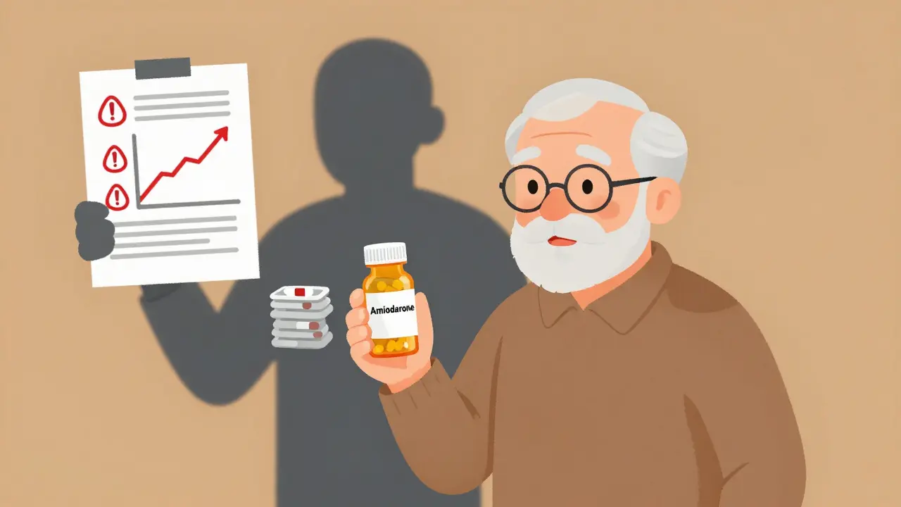 An elderly person holding a pill bottle, with a ghostly stack of pills behind them and a warning chart nearby.