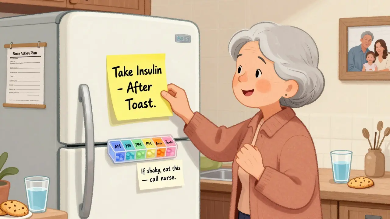 An elderly woman places a sticky note on her fridge reminding her to take insulin after toast.