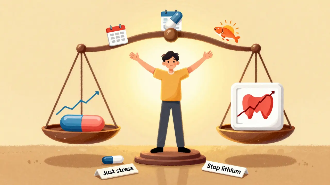Balanced scale with lithium and thyroid medication, patient standing confidently amid monitoring and nutrition icons.