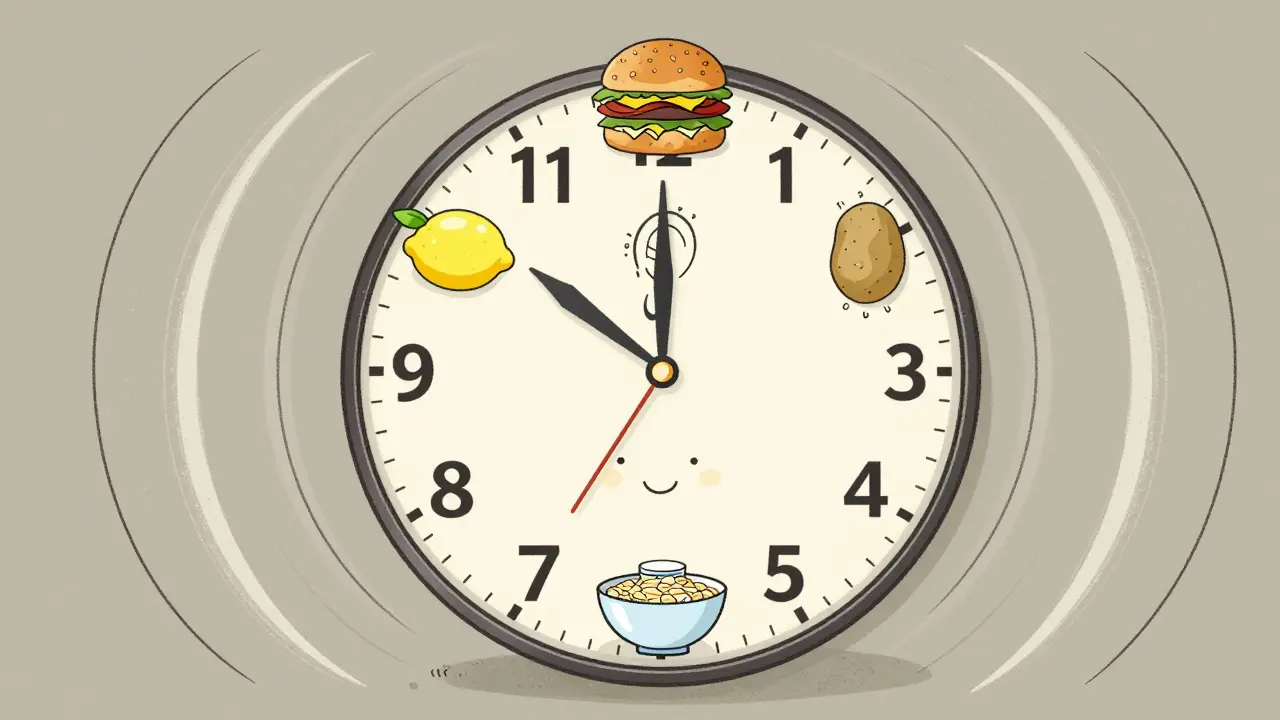 Clock face showing healthy foods linked to a balanced ear, contrasting with a high-sodium meal causing vertigo.