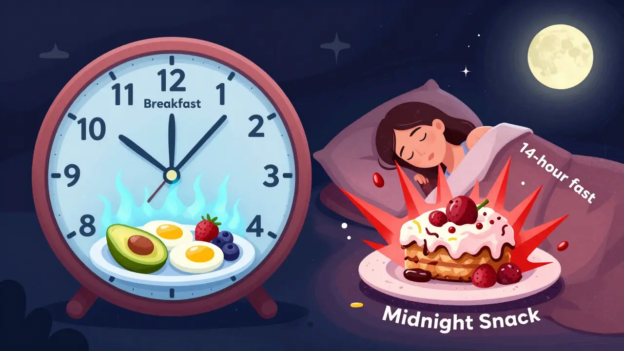 Clock showing meal times, breakfast glowing peacefully, midnight snack exploding, woman sleeping under fast sign.