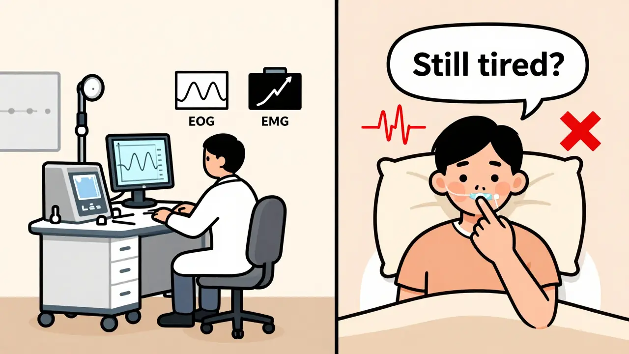 Comparison of full polysomnography lab setup versus limited home sleep test equipment.