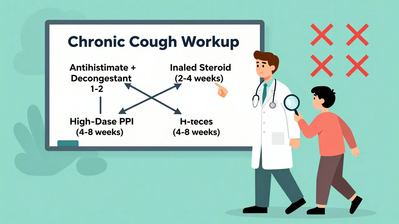 Doctor explaining a three-step flowchart for diagnosing chronic cough, with red flags crossed out in the background.