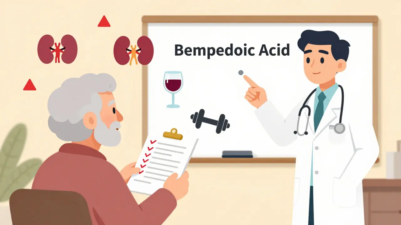 Elderly patient with risk factors surrounded by warning icons, guided toward a safer medication alternative.