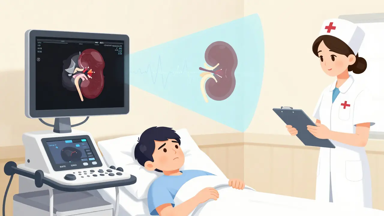 Emergency room scene with portable ultrasound showing hydronephrosis on a screen.
