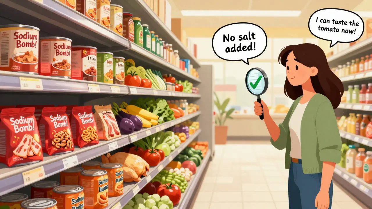Grocery aisle divided between high-sodium processed foods and fresh, low-sodium whole foods.