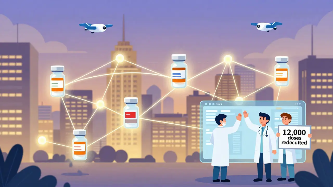 Hospitals sharing critical drugs through a connected network with courier drones.