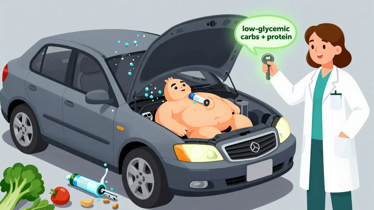 Human body as a broken car with insulin key stuck, glucose flooding dashboard, healthy foods as repair tools.