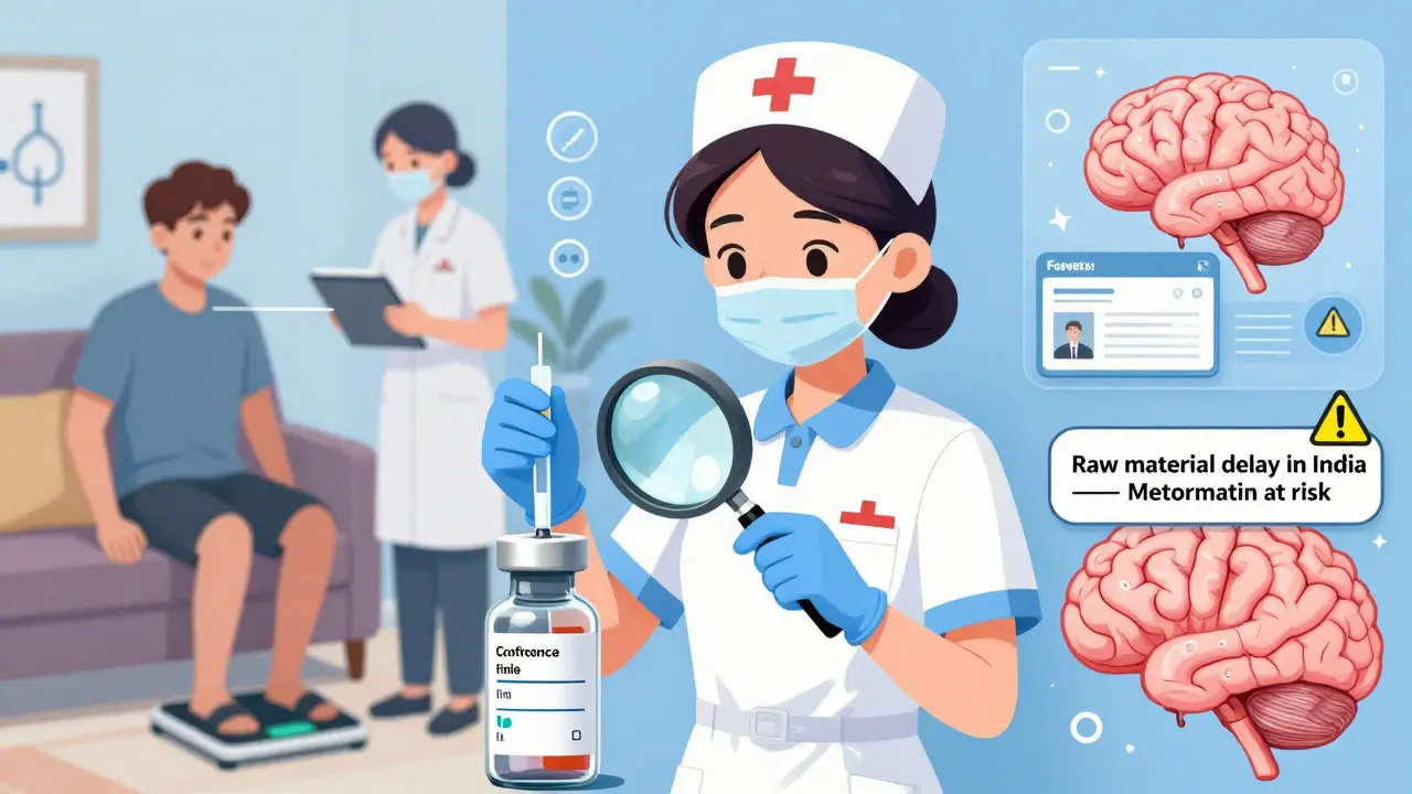 Nurse diluting medication with precise labeling while AI predicts a drug shortage.