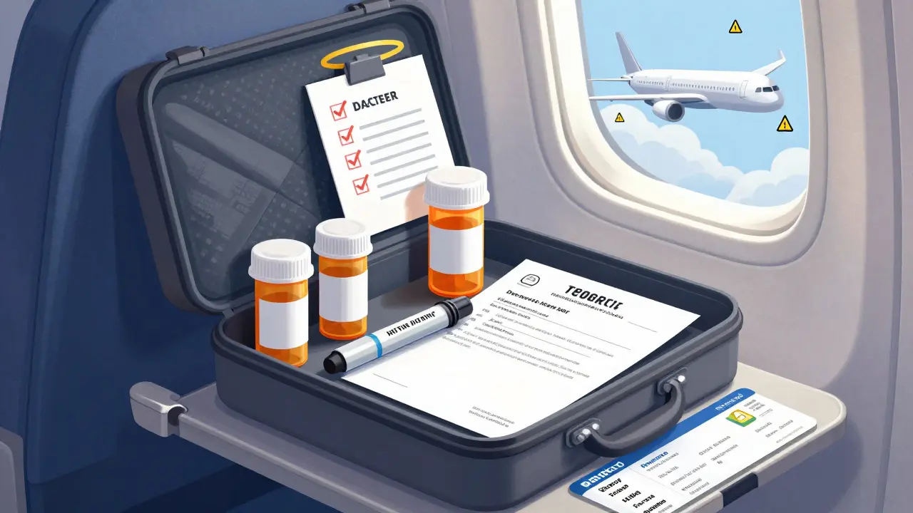 Organized travel medication kit with labeled bottles, doctor’s letter, and insulin pens on airplane tray table.