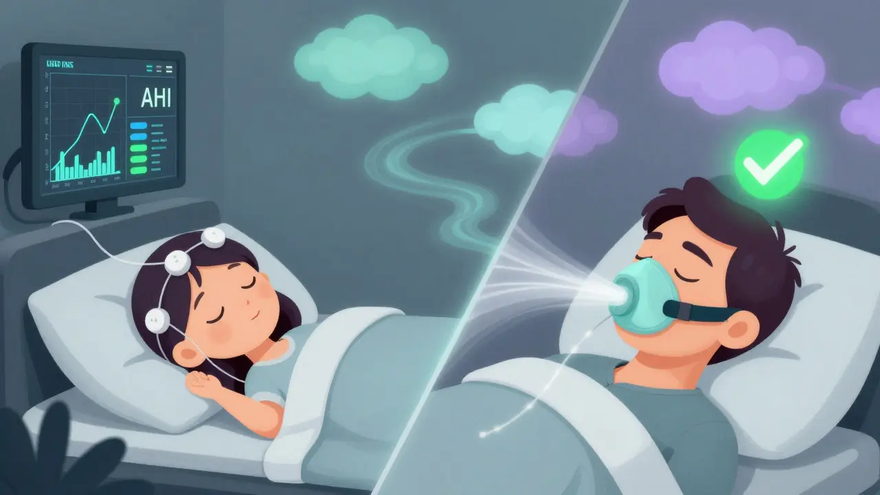 Patient transitioning from diagnostic sleep study to CPAP therapy with rising oxygen levels.