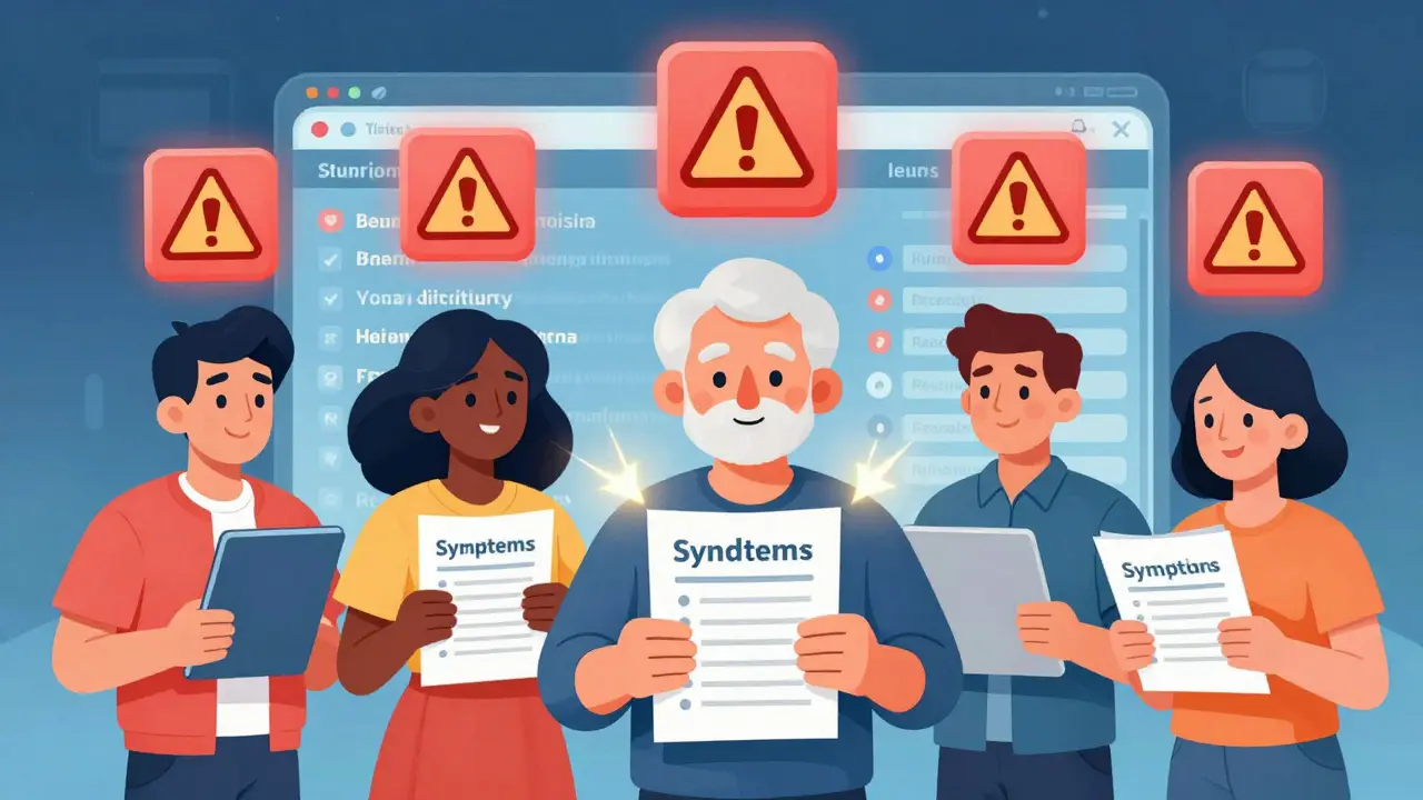 People holding symptom diaries as warning signs appear above them, with digital health alerts glowing in the background.