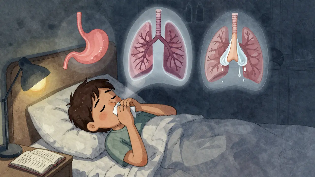 Person coughing in bed at night with translucent medical overlays showing GERD, asthma, and postnasal drip, beside a symptom journal.