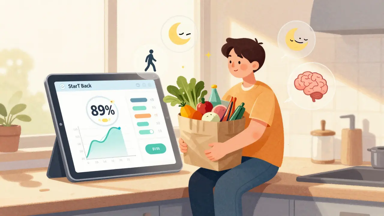 Person lifting groceries with digital progress chart and wellness icons floating around them.