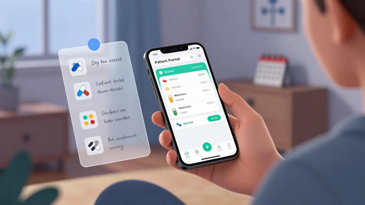 Person reviewing digital medication tracker on smartphone at home.