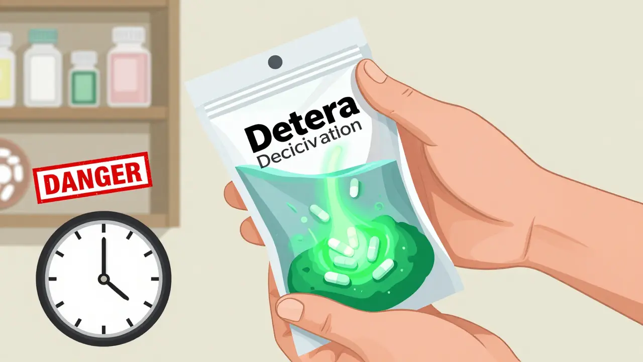 Person using a deactivation pouch to neutralize opioid pills with water, glowing sludge forming inside the bag.