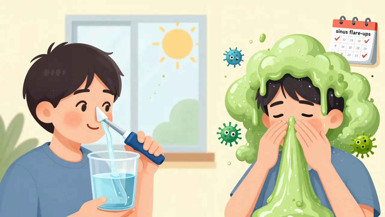 Person using neti pot to flush out mucus versus ignoring treatment