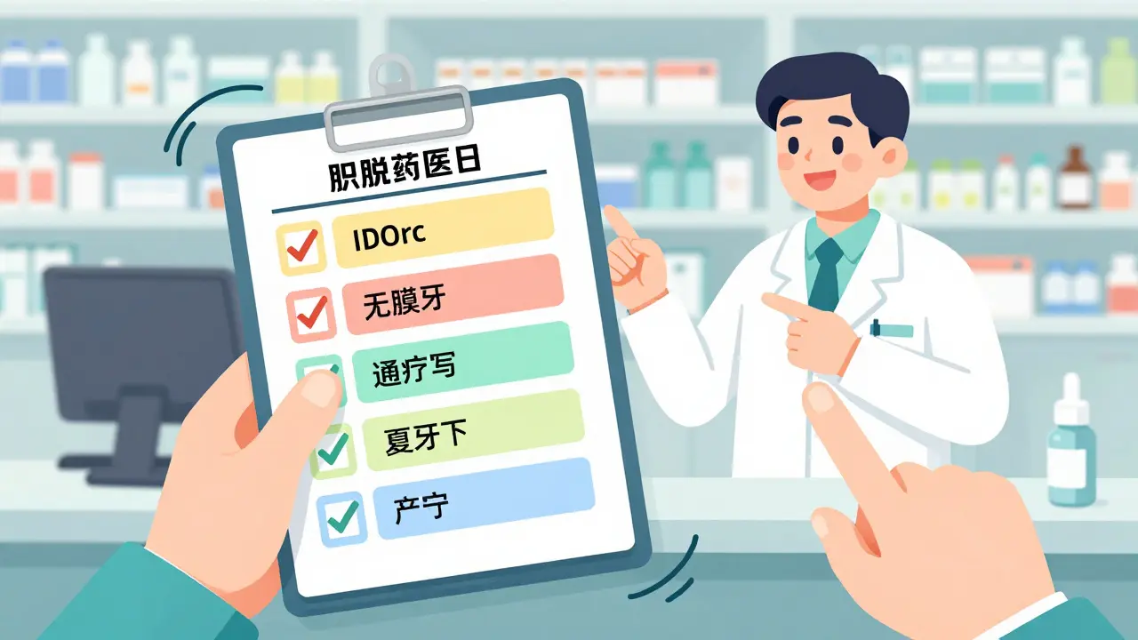 Pharmacist and patient reviewing printed medication log with checklist.