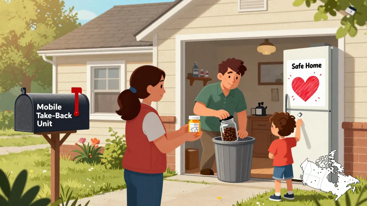 Rural resident dropping off opioids at a mobile disposal unit while another safely mixes pills with coffee grounds at home.